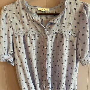 mine Lavender Button-Front Crochet Trim Blouse with Black Floral Print